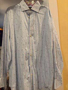 Thomas Dean Light Blue Striped Men's Dress Shirt with Subtle Accent Motifs
